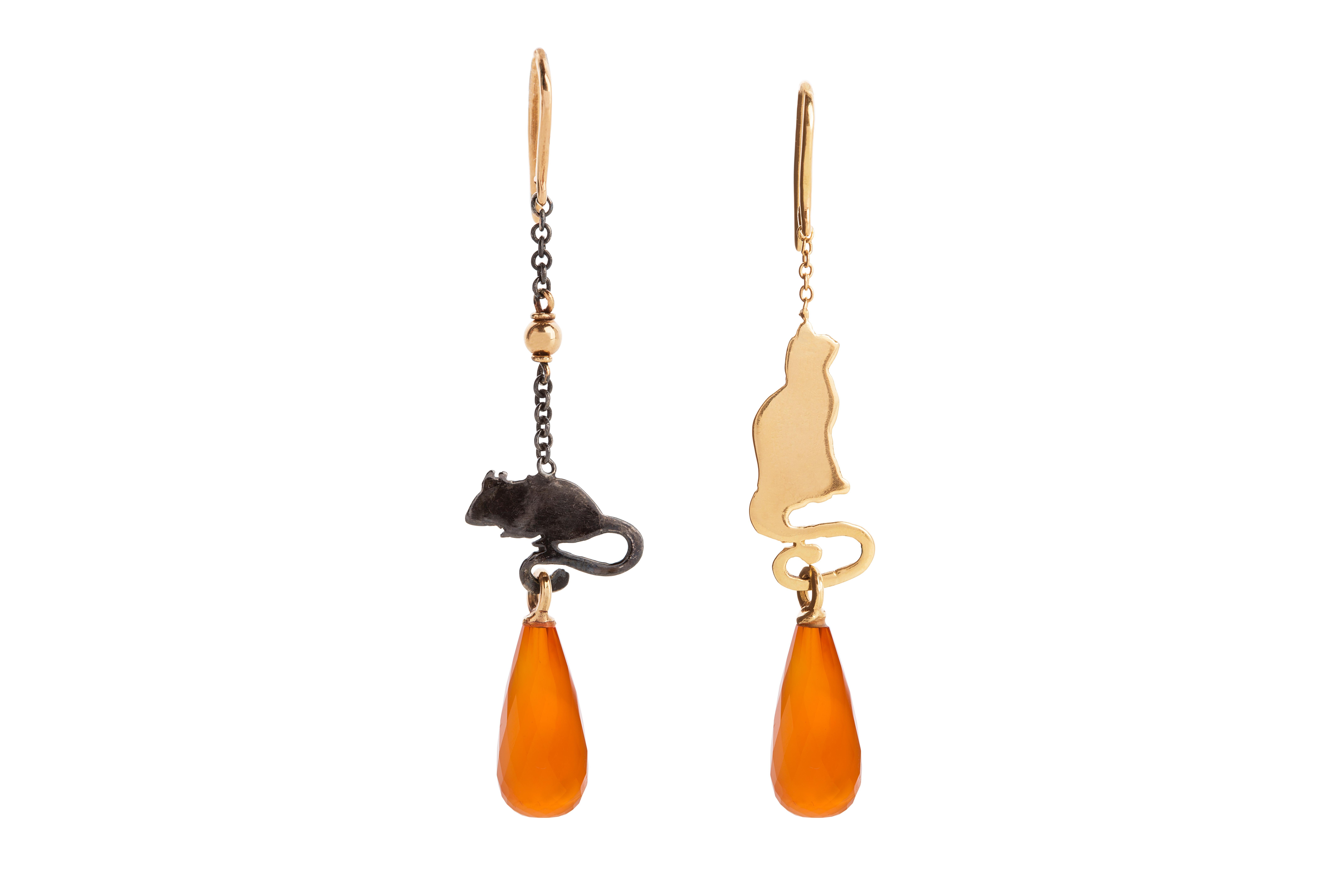 Art Deco Unique Piece Fire Opal Drops Cat & Mouse 18 Karats Gold Artisan Design Earrings