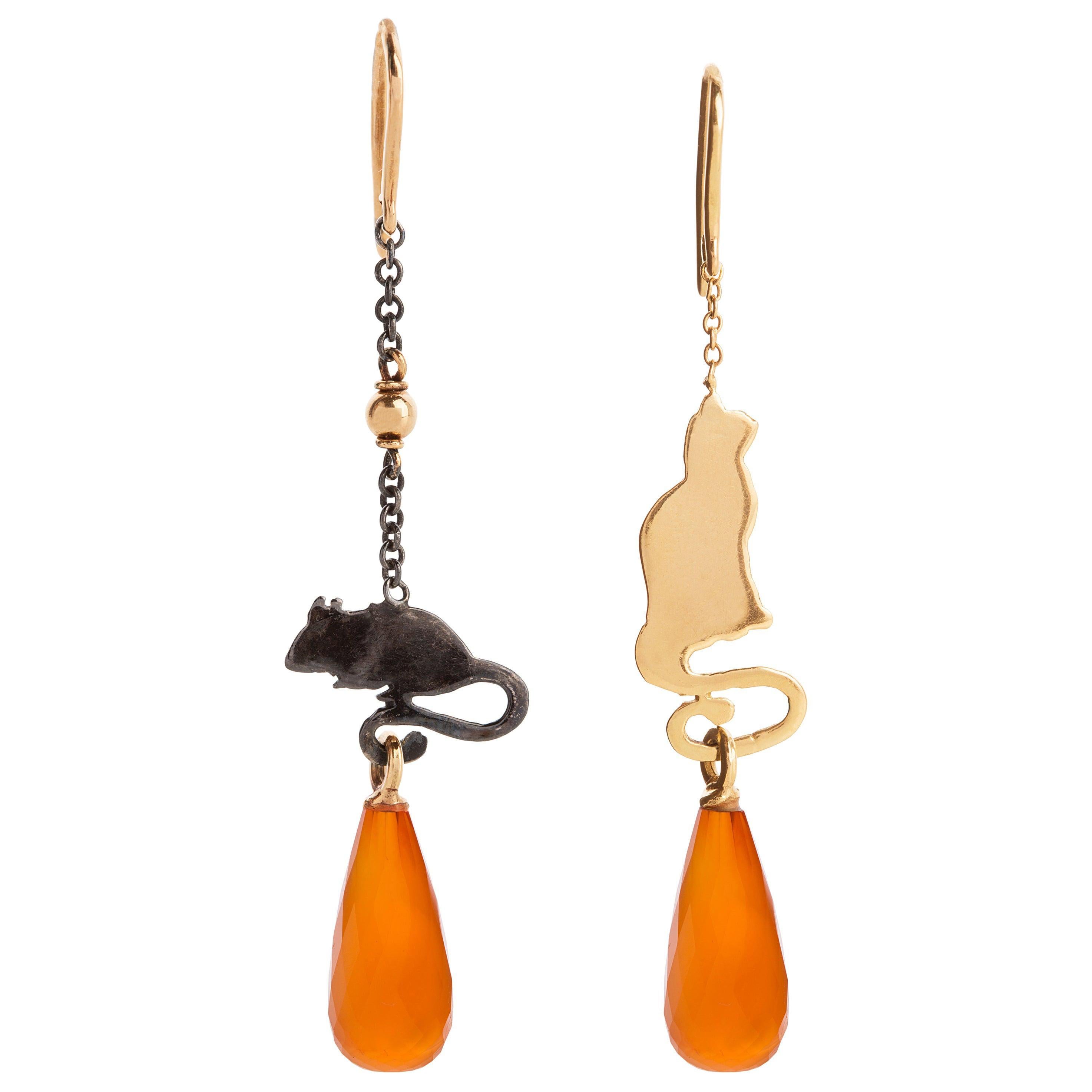 Unique Piece Fire Opal Drops Cat & Mouse 18 Karats Gold Artisan Design Earrings