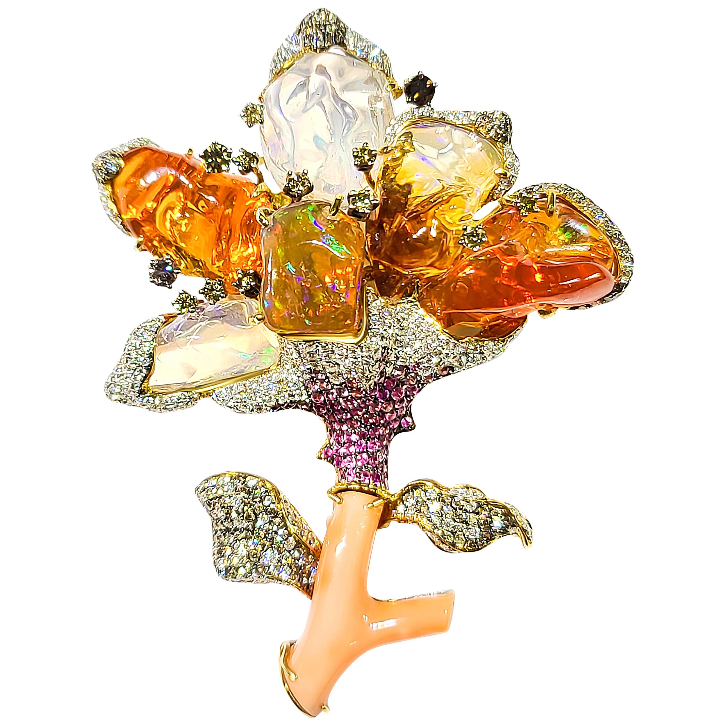 18 Karat Yellow Gold Fire Opal Coral Pink Sapp Diamond Brooch For Sale