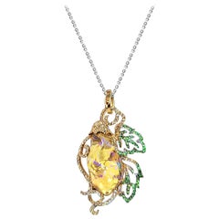 18 Karat Yellow Gold Fire Opal, Green Garnet and Diamond Pendant Brooch