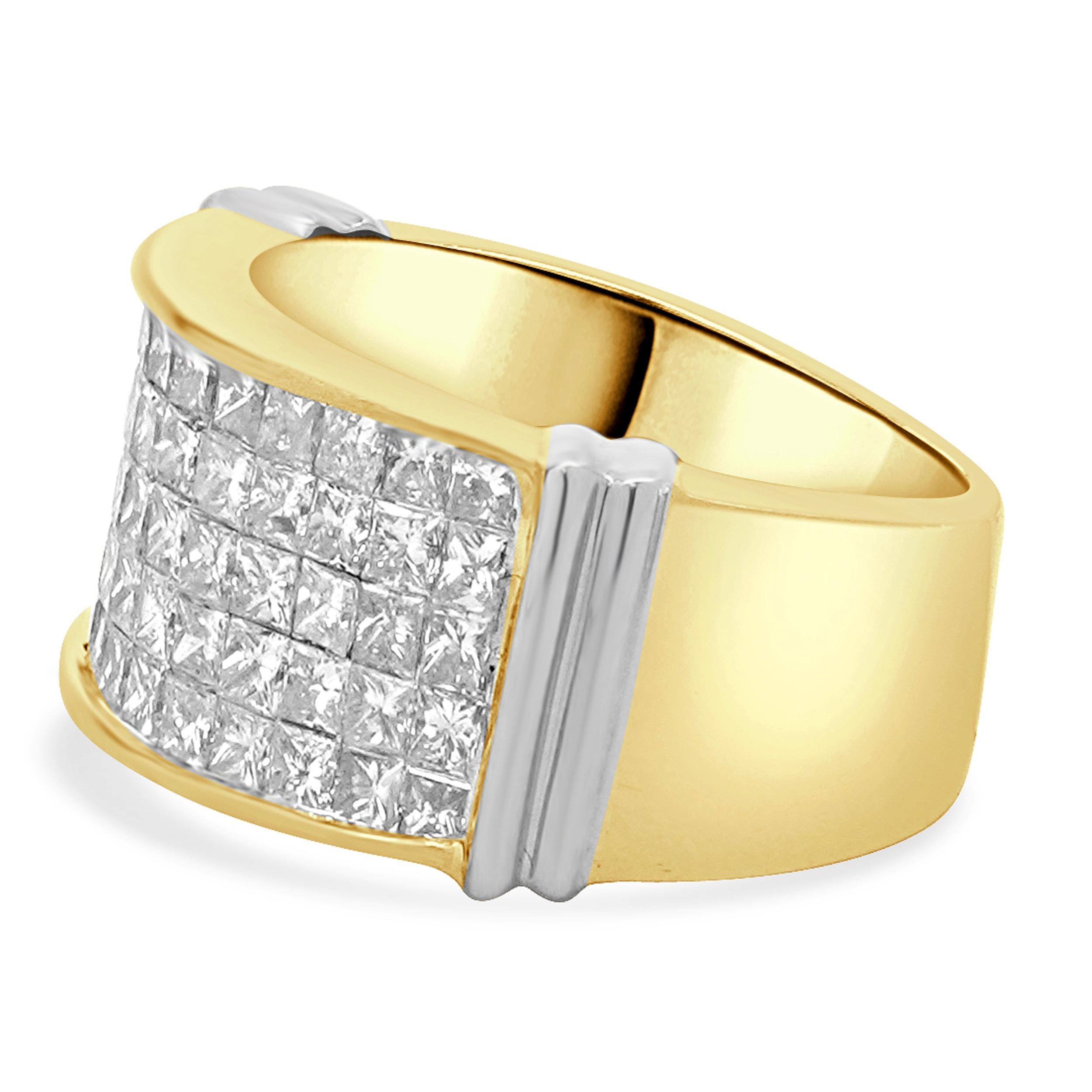 Material: 18K yellow gold
Diamond: 60 round brilliant cut = 2.00cttw
Color: G
Clarity: SI1
Ring Size: 5.5 (please allow up to 2 additional business days for sizing requests)
Dimensions: ring top measures 11mm wide
Weight: 10.94 grams

