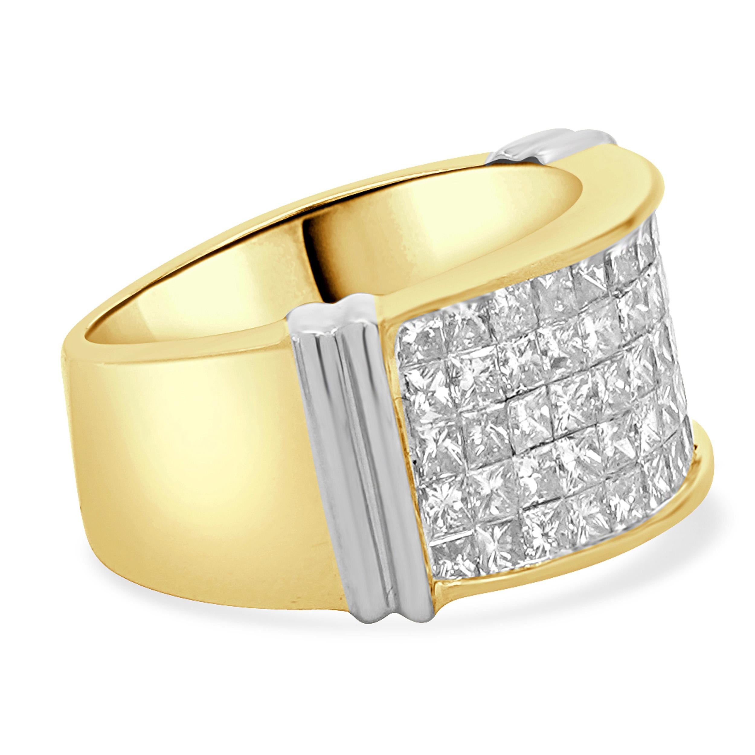 Round Cut 18 Karat Yellow Gold Five Row Invisible Set Diamond Ring For Sale