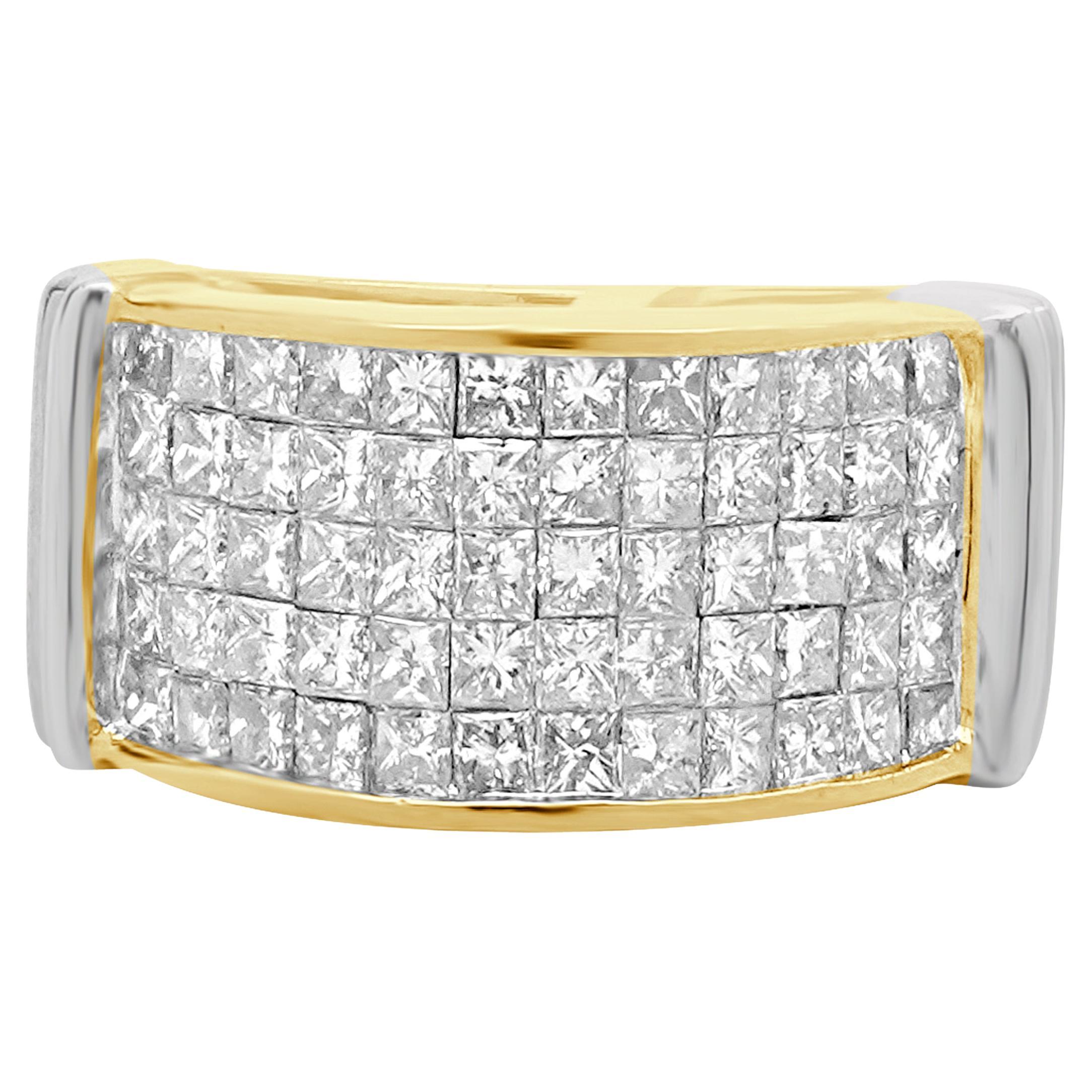 18 Karat Yellow Gold Five Row Invisible Set Diamond Ring For Sale