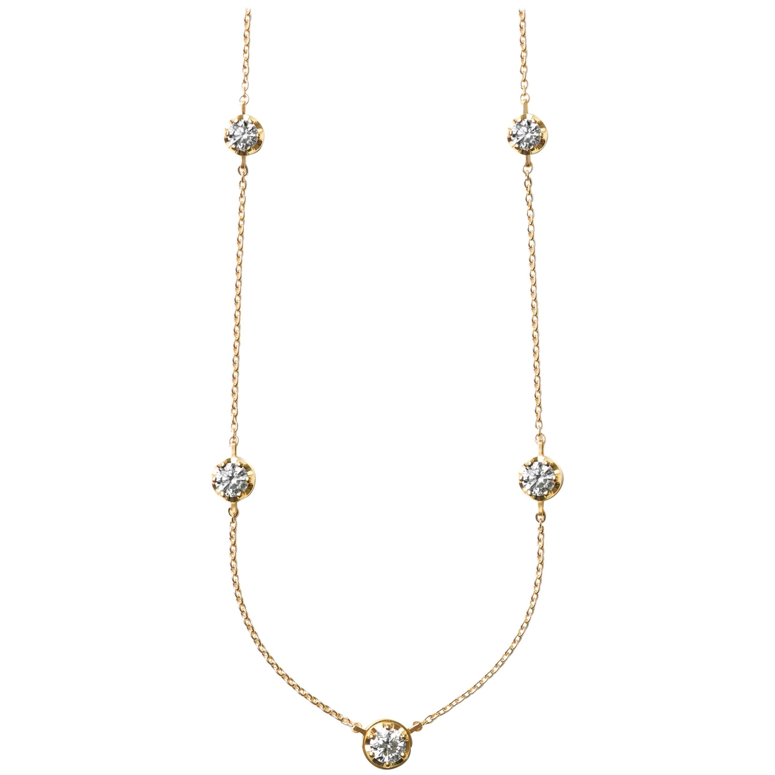 18 Karat Yellow Gold Five-Stone Diamond Necklace For Sale