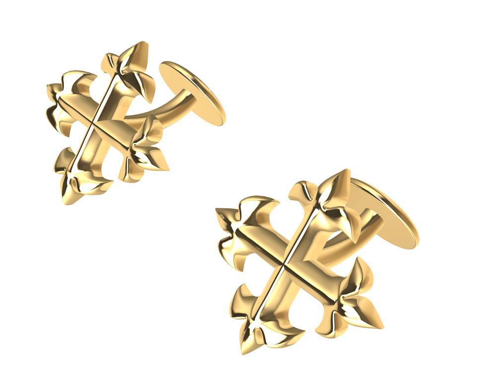 18 Karat Yellow Gold Fleur de Lis Cuff Links, Tiffany designer ,Thomas Kurilla created this  Fleur de Lis Cross  from a stain glass window. The royal stylized lily made of 3 petals  is known from the former Royals of Arms of France. In scripture the