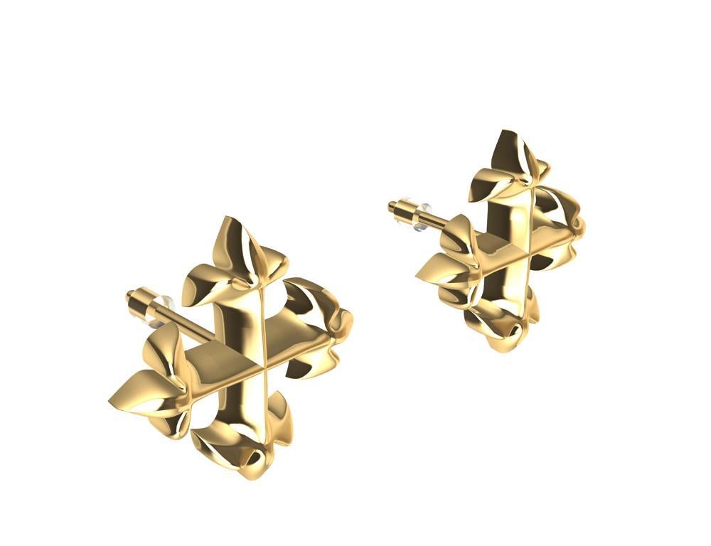 18 Karat Yellow Gold  West 46 Cross Stud Earrings,  This Fleur de Lis Cross is inspired from a stain glass window from a church on west 46th street, NYC. The royal stylized lily made of 3 petals  is known from the former Royals of Arms of France. In
