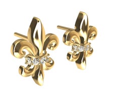 18 Karat Yellow Gold Fleur-de-Lys Diamond Stud Earrings