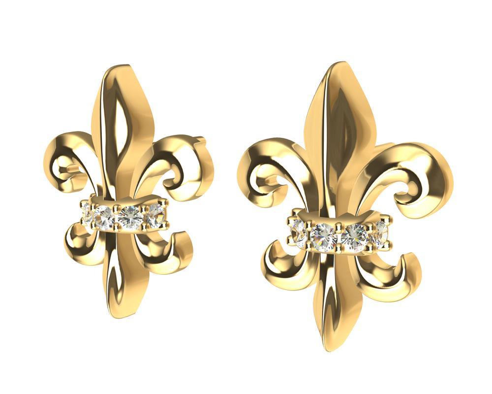 Taglio rotondo Orecchini con diamanti Fleur-de-Lys in oro giallo 18 carati in vendita