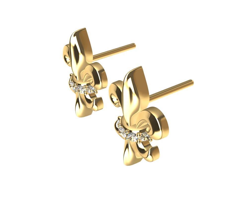 Contemporary 18 Karat Yellow Gold Fleur-de-Lys Diamond Stud Earrings For Sale