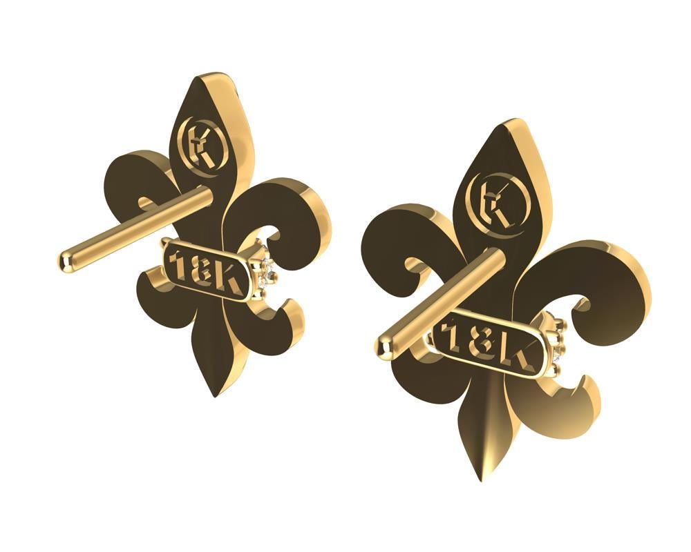 Round Cut 18 Karat Yellow Gold Fleur-de-Lys Diamond Stud Earrings For Sale