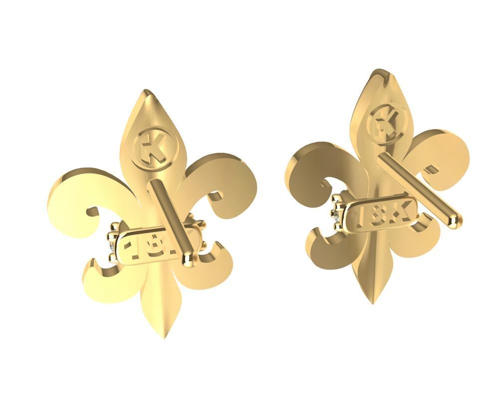 18 Karat Yellow Gold Fleur-de-Lys Diamond Stud Earrings In New Condition For Sale In New York, NY