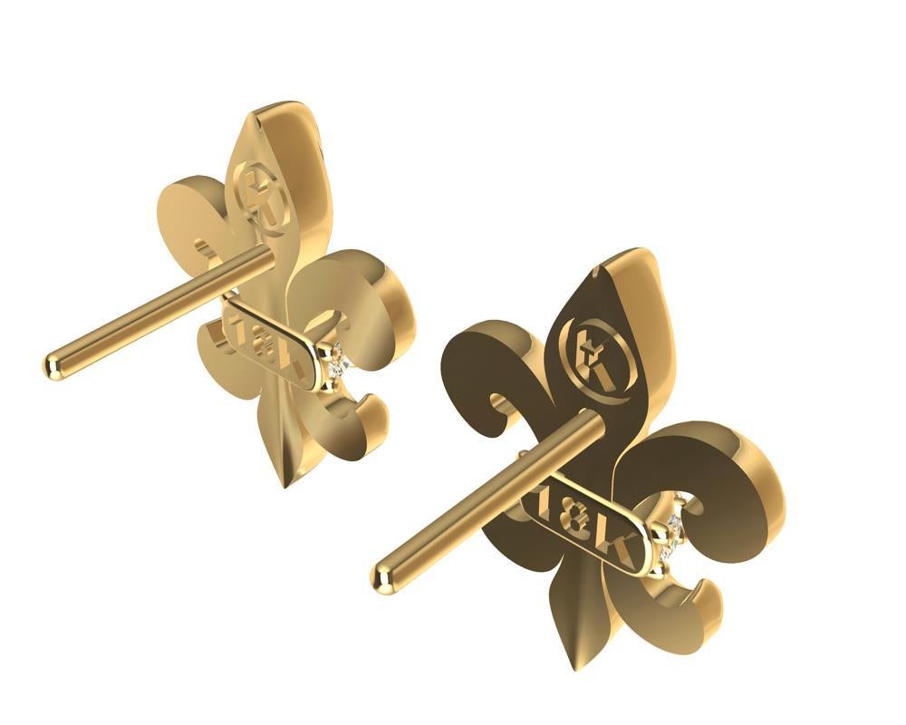 Women's 18 Karat Yellow Gold Fleur-de-Lys Diamond Stud Earrings For Sale