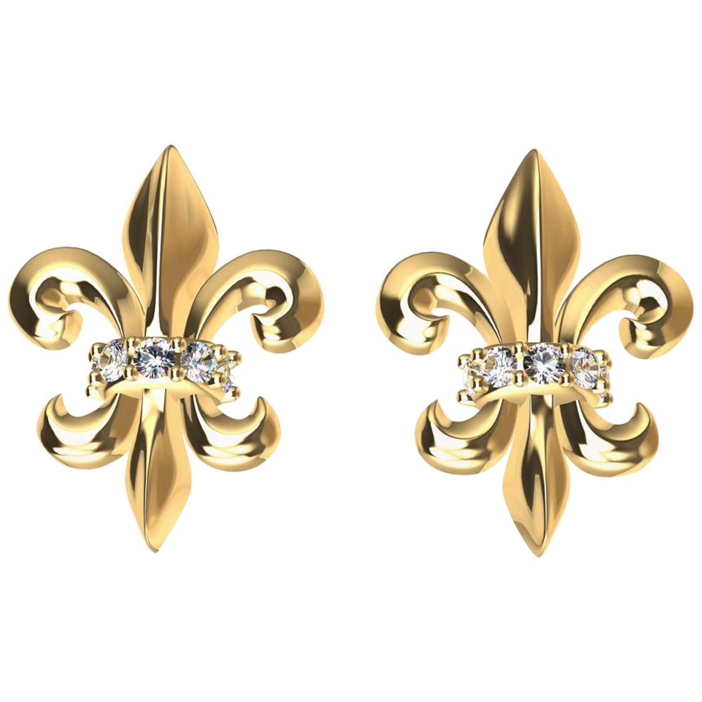 Clous d'oreilles Fleur-de-Lys en or jaune 18 carats et diamants en vente