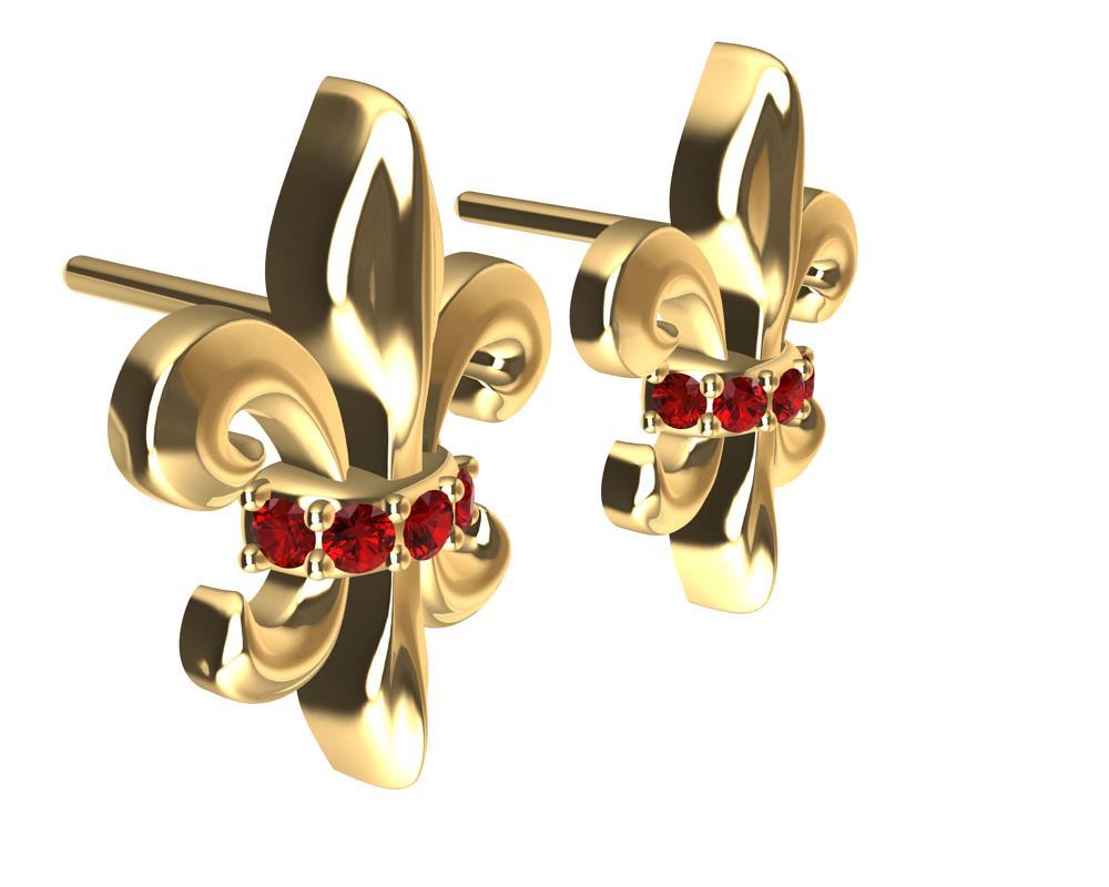 18 Karat Yellow Gold Ruby Stud Earrings,  Tiffany Designer, Thomas Kurilla went back to the classics on this earring design. The royal stylized lily made of 3 petals  is known from the former Royals of Arms of France. In scripture the lily