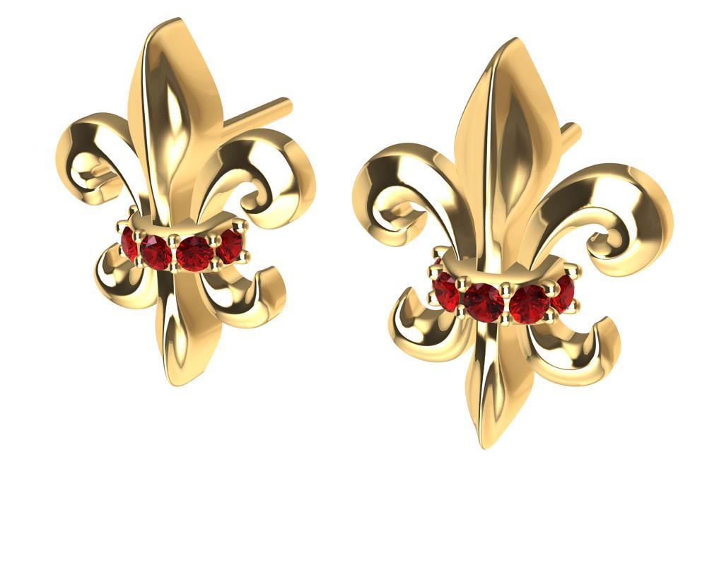 Contemporary 18 Karat Yellow Gold Fleur de Lys Ruby Stud Earrings For Sale