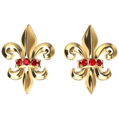 18 Karat Yellow Gold Fleur de Lys Ruby Stud Earrings