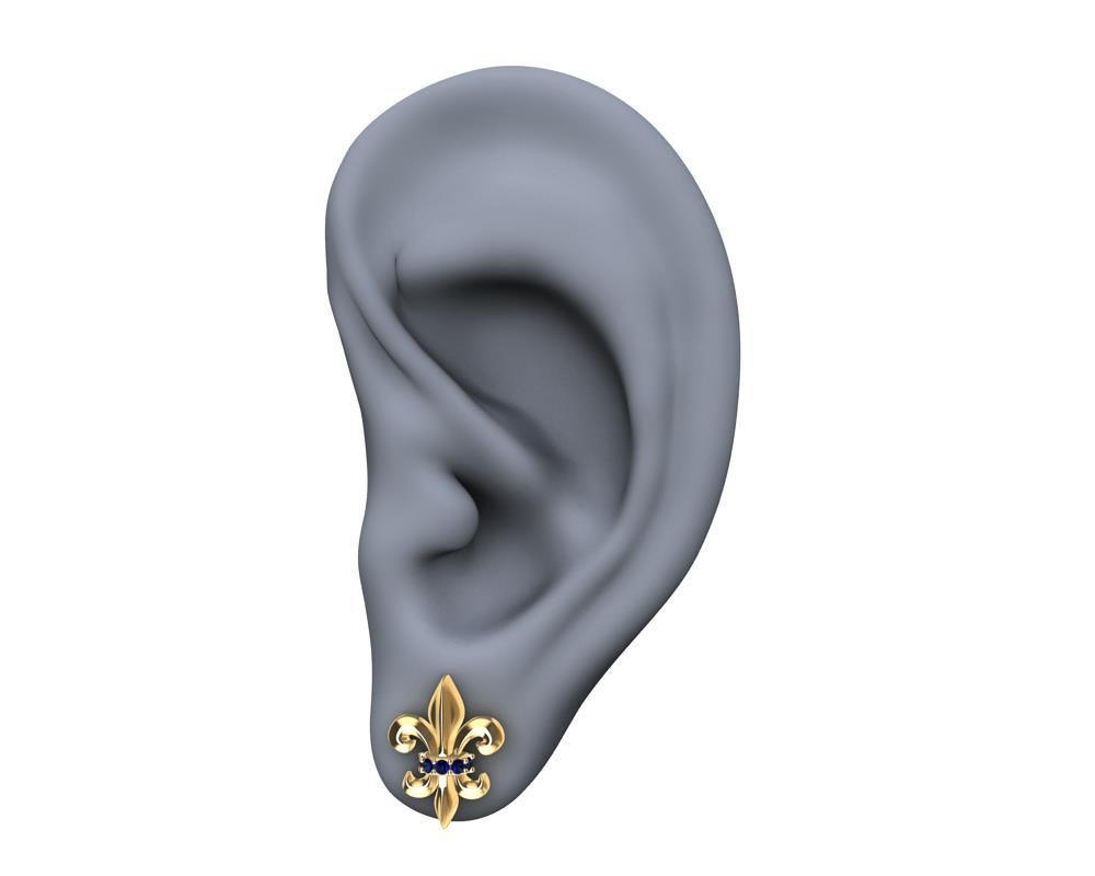 Contemporain Boucles d'oreilles saphir Fleur-de-Lys en or jaune 18 carats en vente