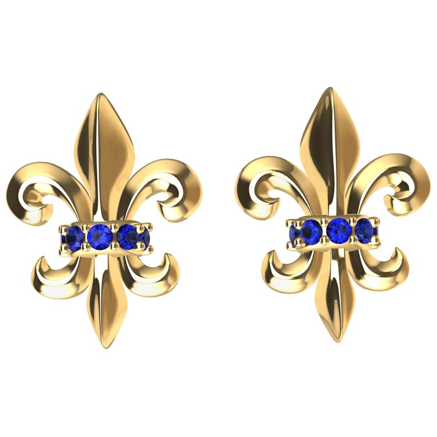 18 Karat Yellow Gold Sapphire Stud Earrings,  Tiffany Designer, Thomas Kurilla went back to the classics on this earring design. The royal stylized lily made of 3 petals  is known from the former Royals of Arms of France. In scripture the lily