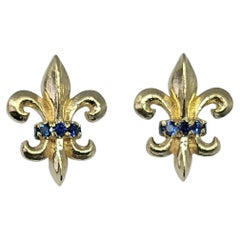18 Karat Yellow Gold Fleur-de-Lys Sapphire Stud Earrings