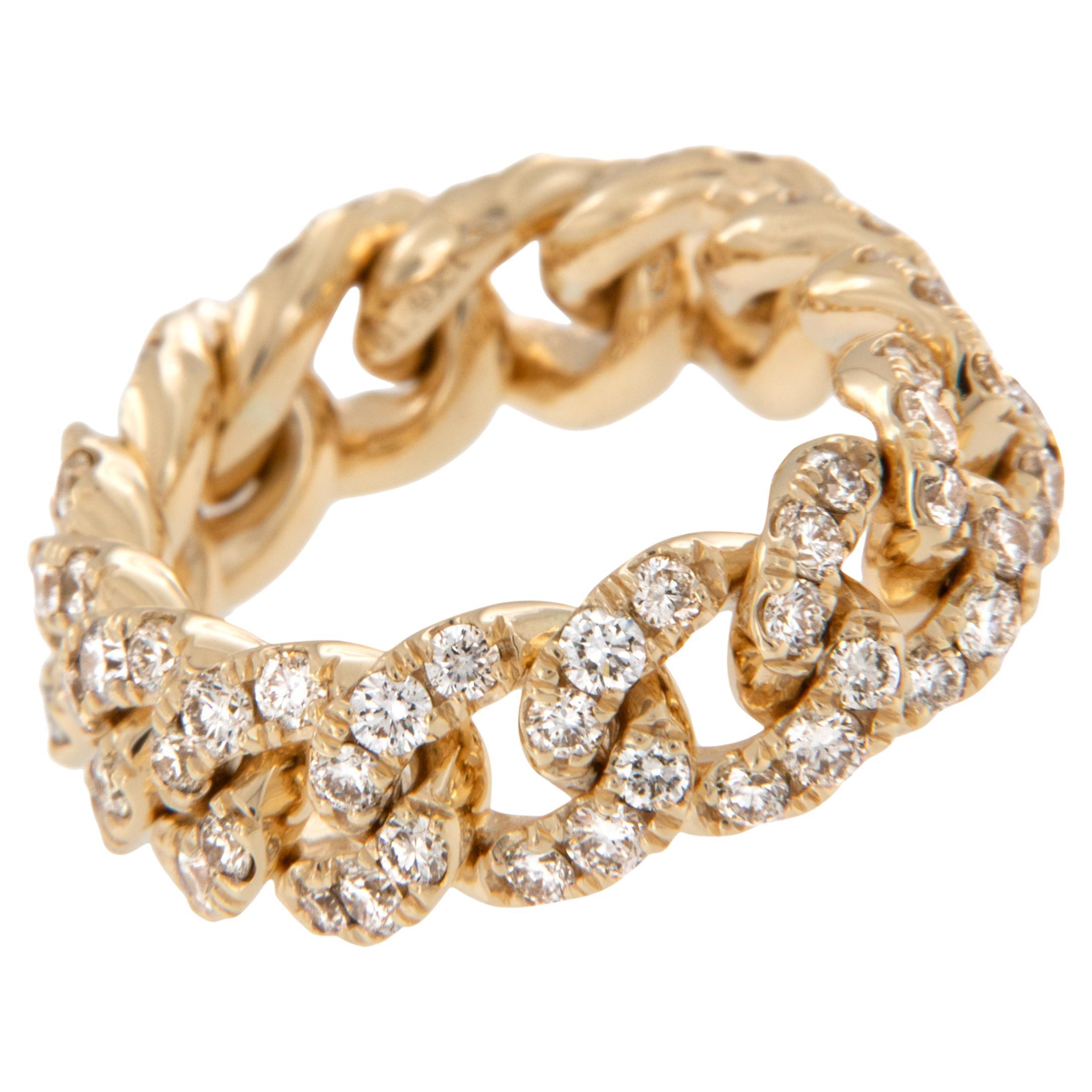18 Karat Yellow Gold Flexible Cuban Link 1.40 Cttw Diamond Band Ring For Sale