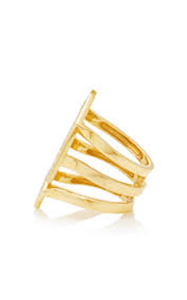 18k Yellow Gold Floating Triangle Geometric Ring demonstrates a play between positive & negative space, features solid gold triangles facing inward, floating with empty space in between each triangle and finished with a solid gold triple bar