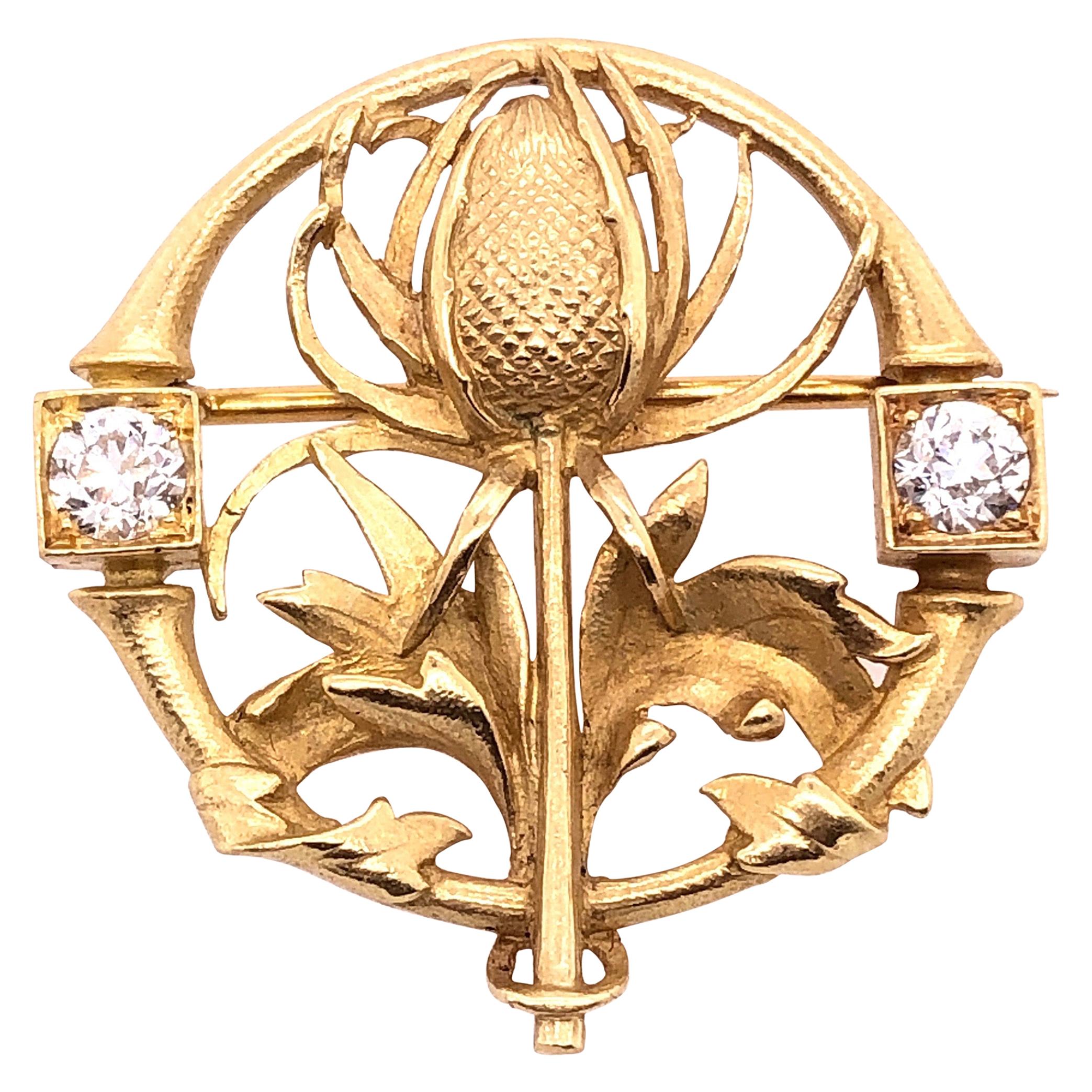 18 Karat Yellow Gold Floral Pin or Brooch Having Two Diamonds For Sale