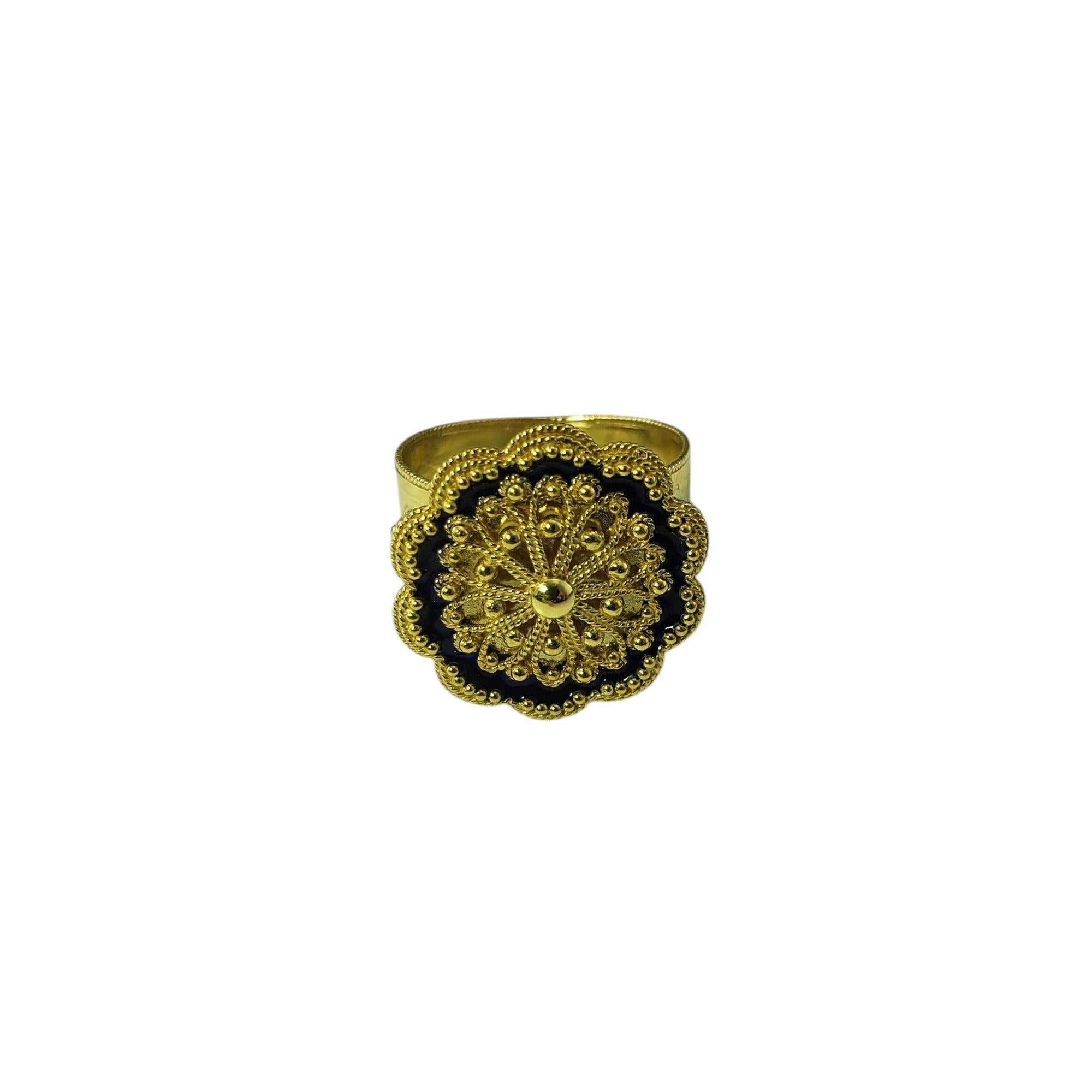 18 Karat Yellow Gold Floral Design Ring Size 5

This lovely 18K yellow gold floral ring features an intricate beaded design accented with blue enamel, showcasing the detailed craftsmanship of this unique piece. 

Width: 18 mm. Shank: 5 mm.

Ring