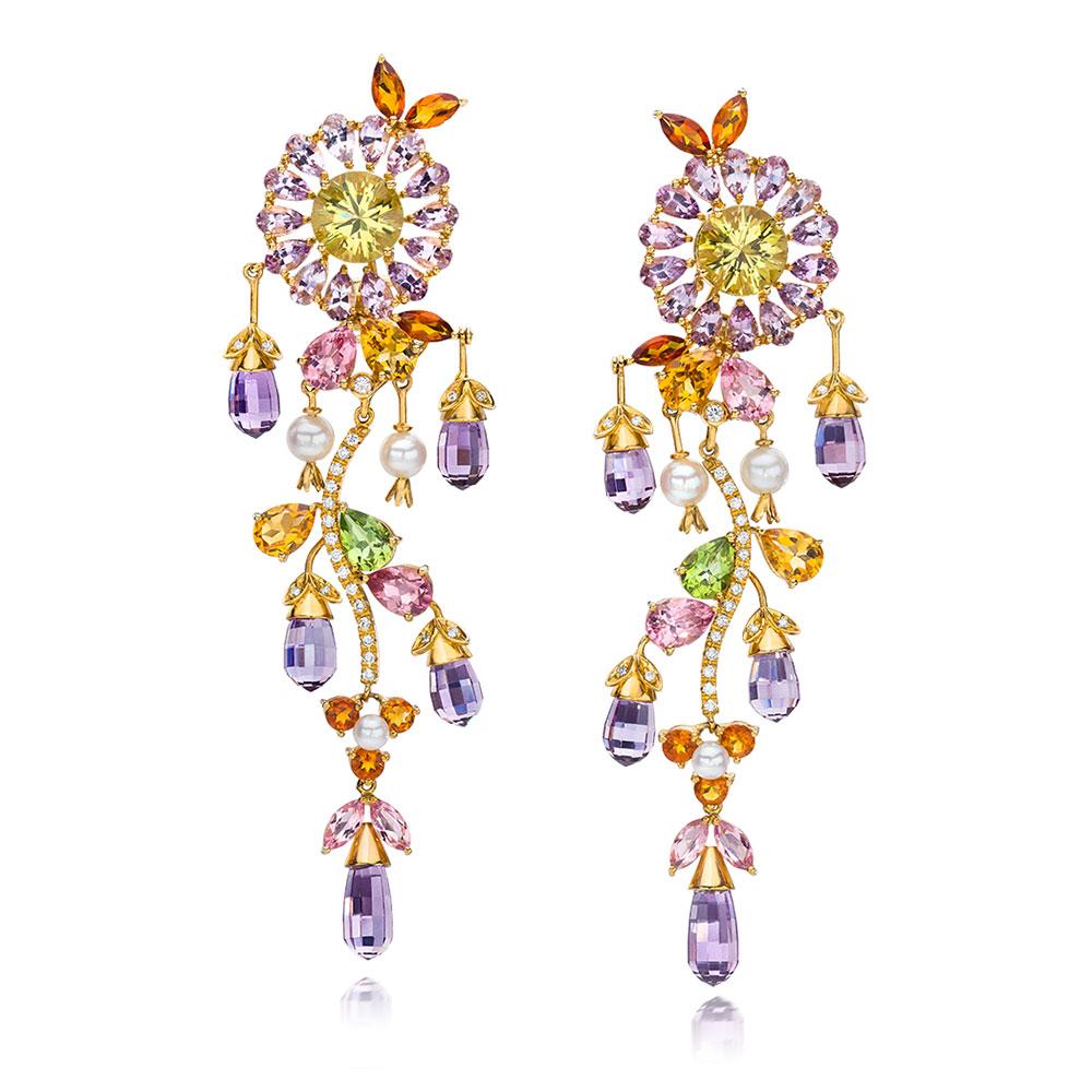 Modern 18 Karat Yellow Gold Floral Semi Precious, Diamond and Pearl Hanging Earrings For Sale