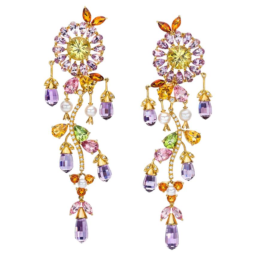 18 Karat Yellow Gold Floral Semi Precious, Diamond and Pearl Hanging Earrings For Sale