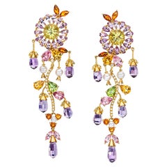 18 Karat Yellow Gold Floral Semi Precious, Diamond and Pearl Hanging Earrings