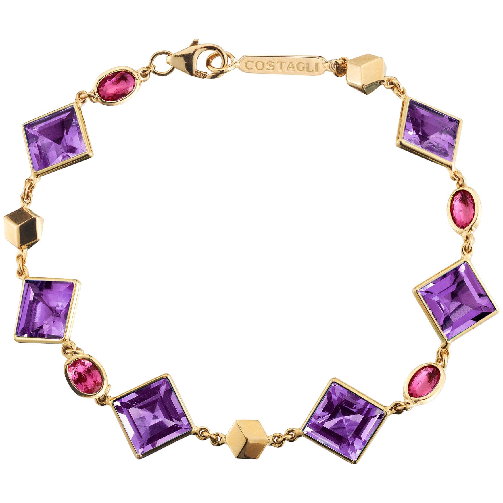 Paolo Costagli 18 Karat Yellow Gold Florentine Bracelet with Amethyst and Rubies For Sale