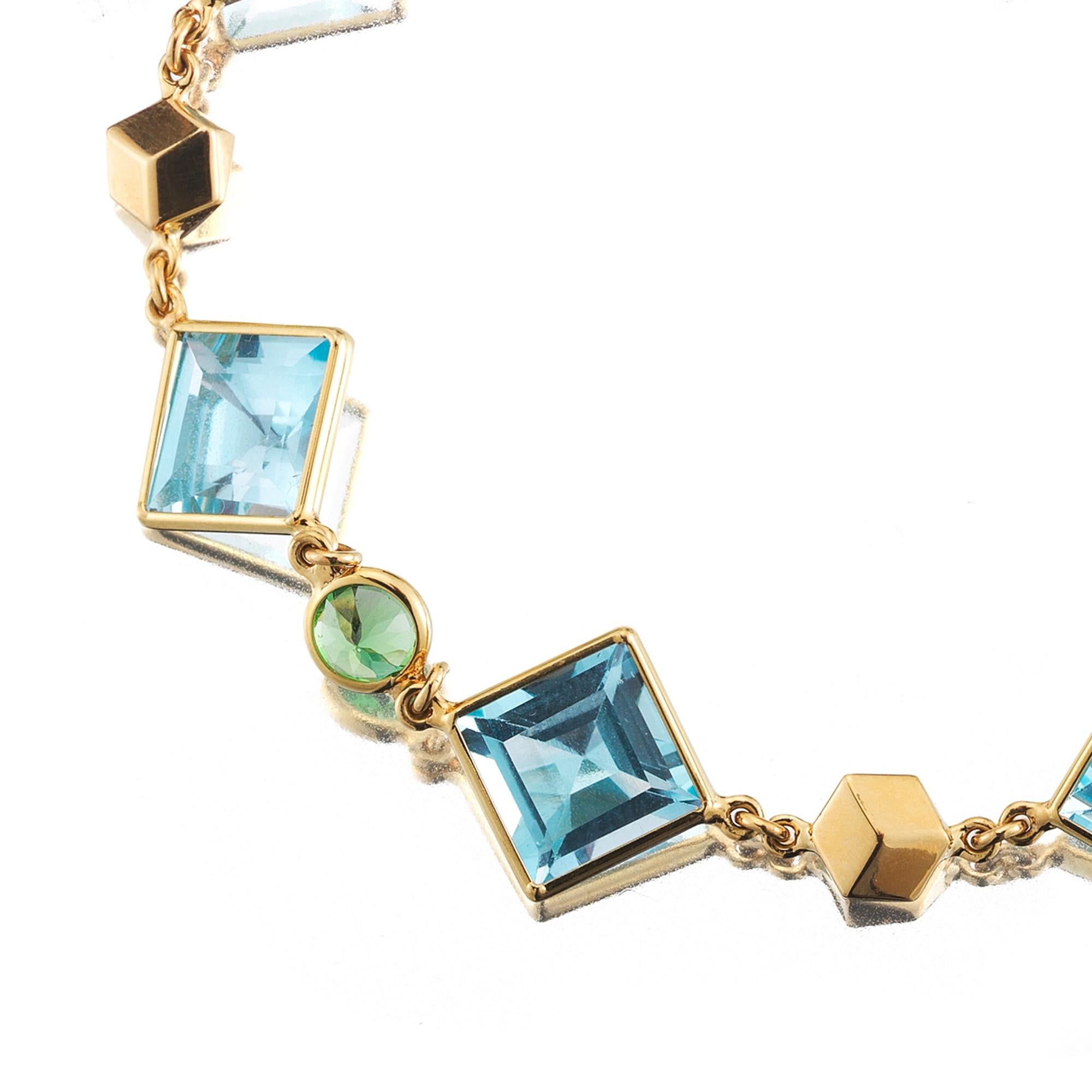 Contemporary Paolo Costagli 18K Yellow Gold Florentine Bracelet with Blue Topaz & Tsavorites For Sale