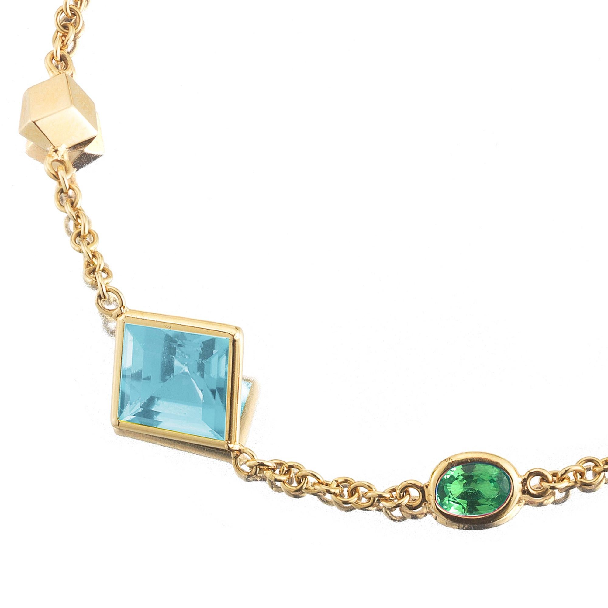 Emerald Cut Paolo Costagli 18K Yellow Gold Florentine Bracelet with Blue Topaz & Tsavorites For Sale