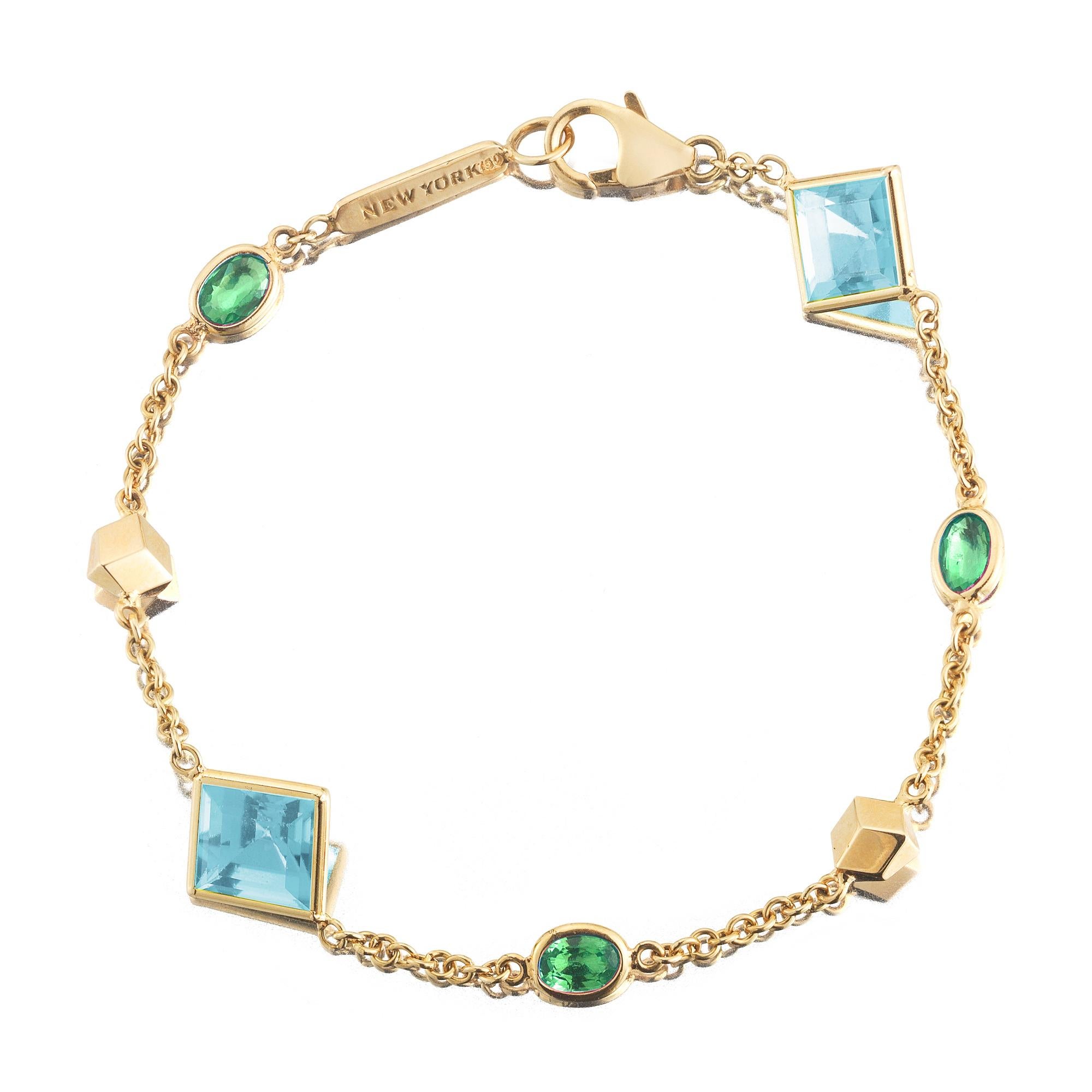 Paolo Costagli 18K Yellow Gold Florentine Bracelet with Blue Topaz & Tsavorites im Angebot