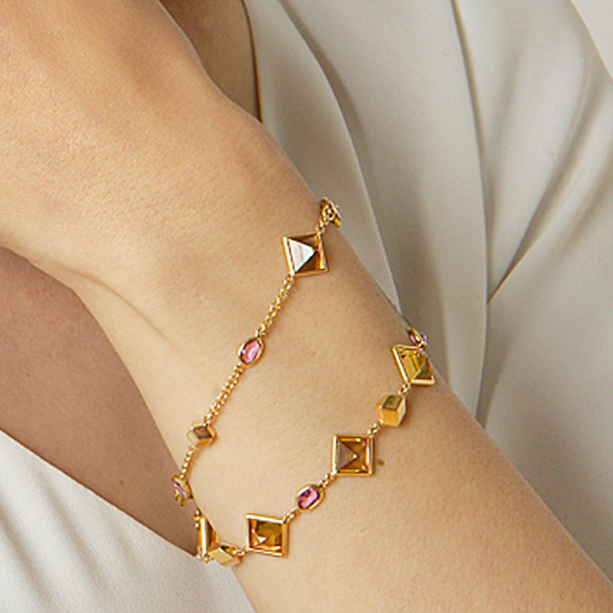 Emerald Cut Paolo Costagli 18K Yellow Gold Florentine Bracelet with Citrine & Pink Sapphire  For Sale
