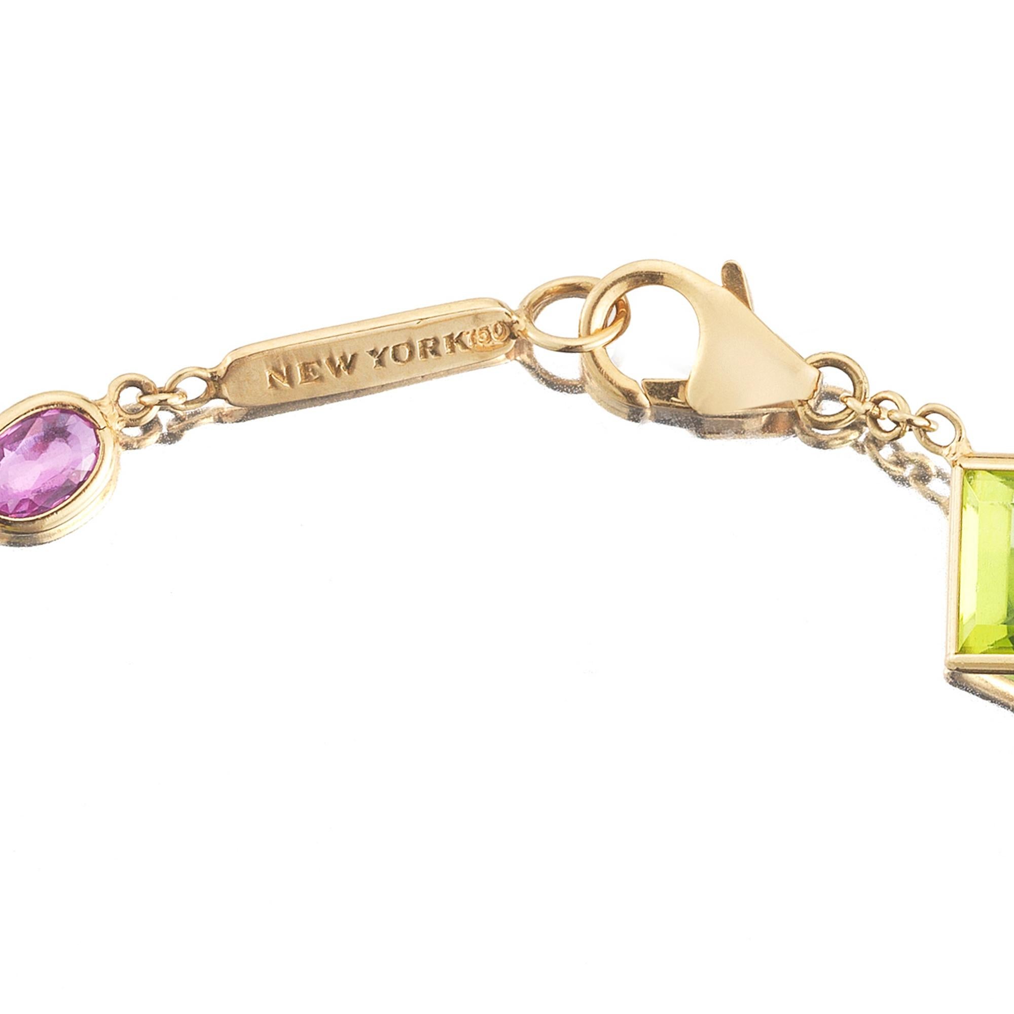 Emerald Cut Paolo Costagli 18K Yellow Gold Florentine Bracelet with Peridot & Pink Sapphires For Sale