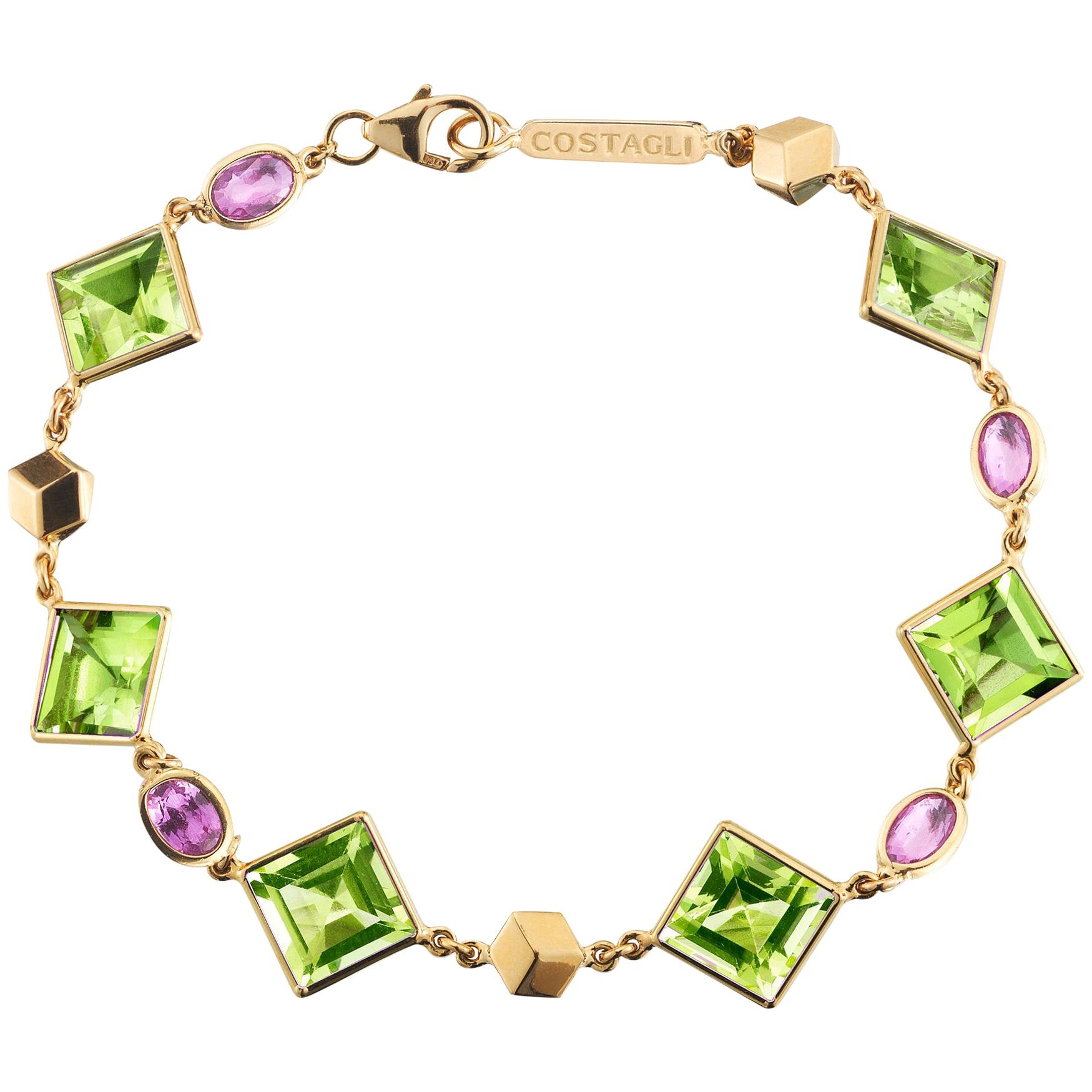 18 Karat Yellow Gold Florentine Bracelet with Peridot and Pink Sapphires