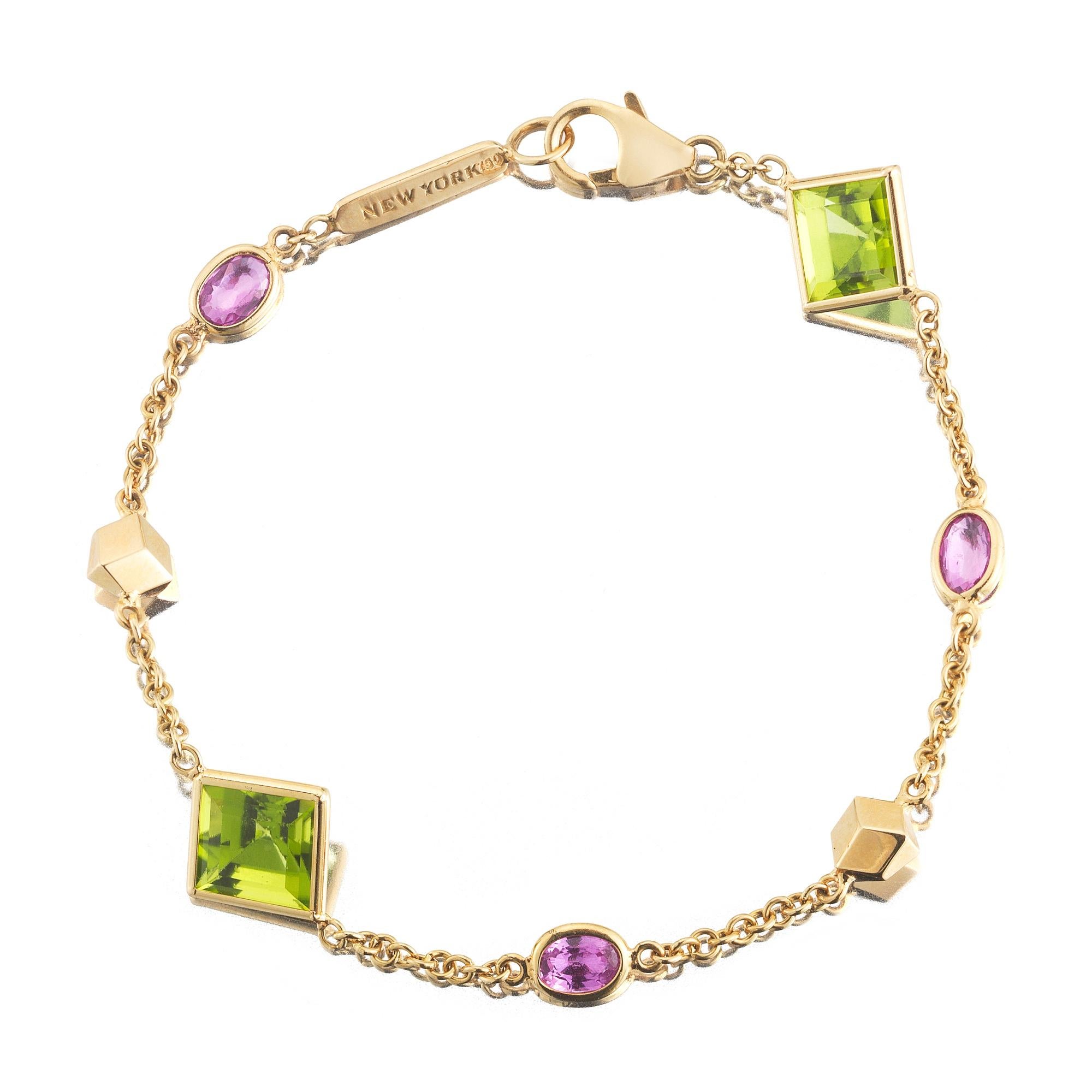 Paolo Costagli 18K Yellow Gold Florentine Bracelet with Peridot & Pink Sapphires For Sale
