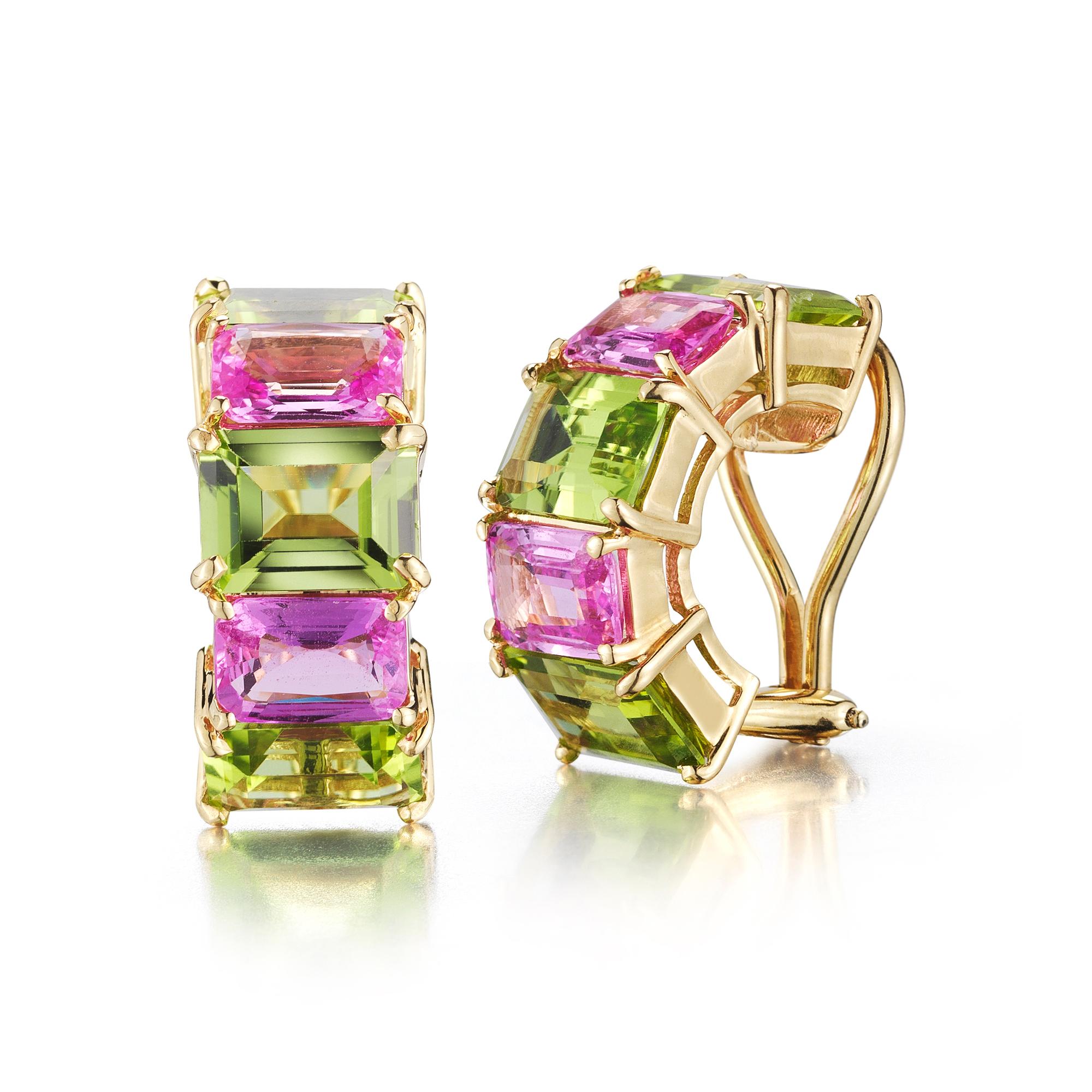 Contemporary 18 Karat Yellow Gold Florentine Earrings Set with Peridots and Pink Sapphires