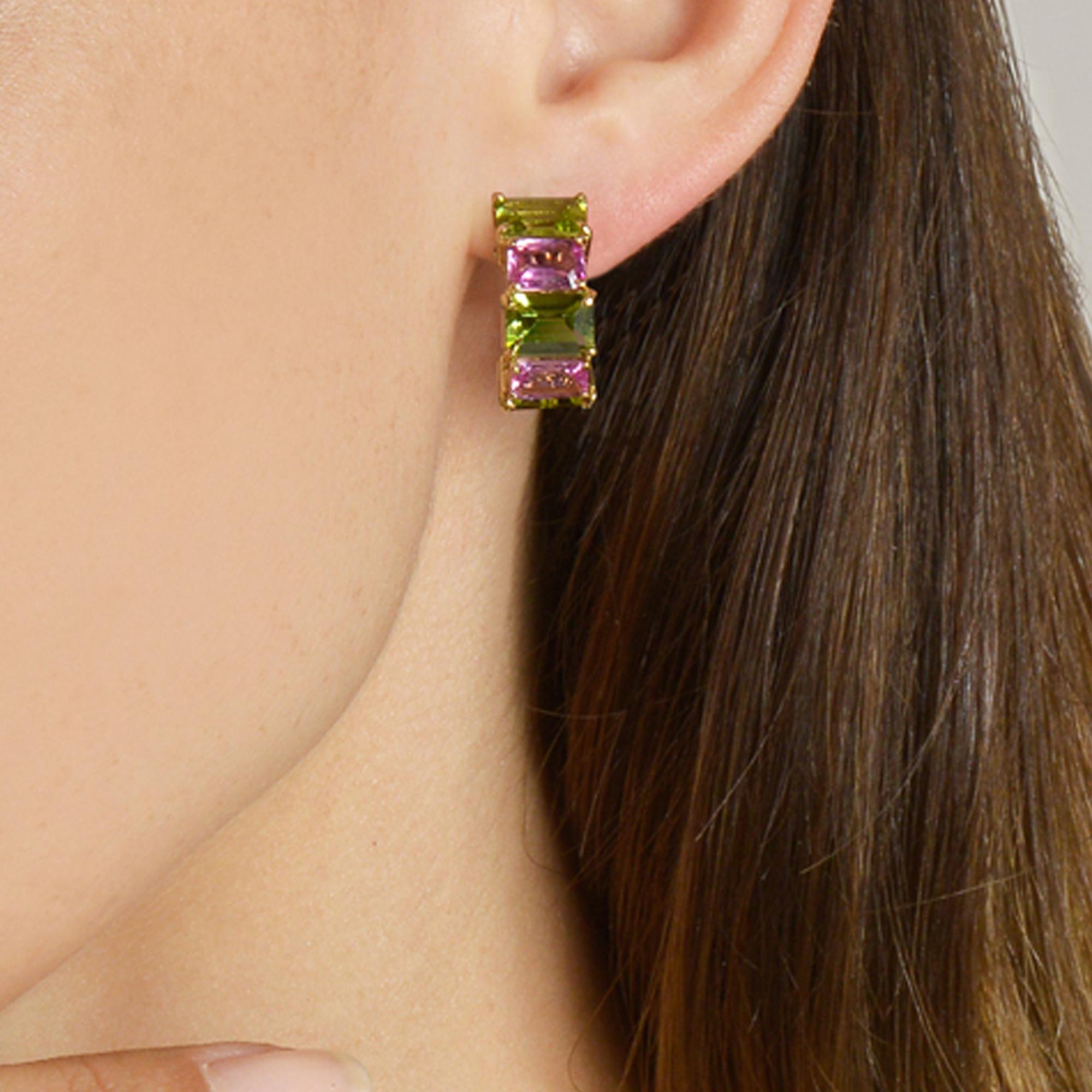 Emerald Cut 18 Karat Yellow Gold Florentine Earrings Set with Peridots and Pink Sapphires