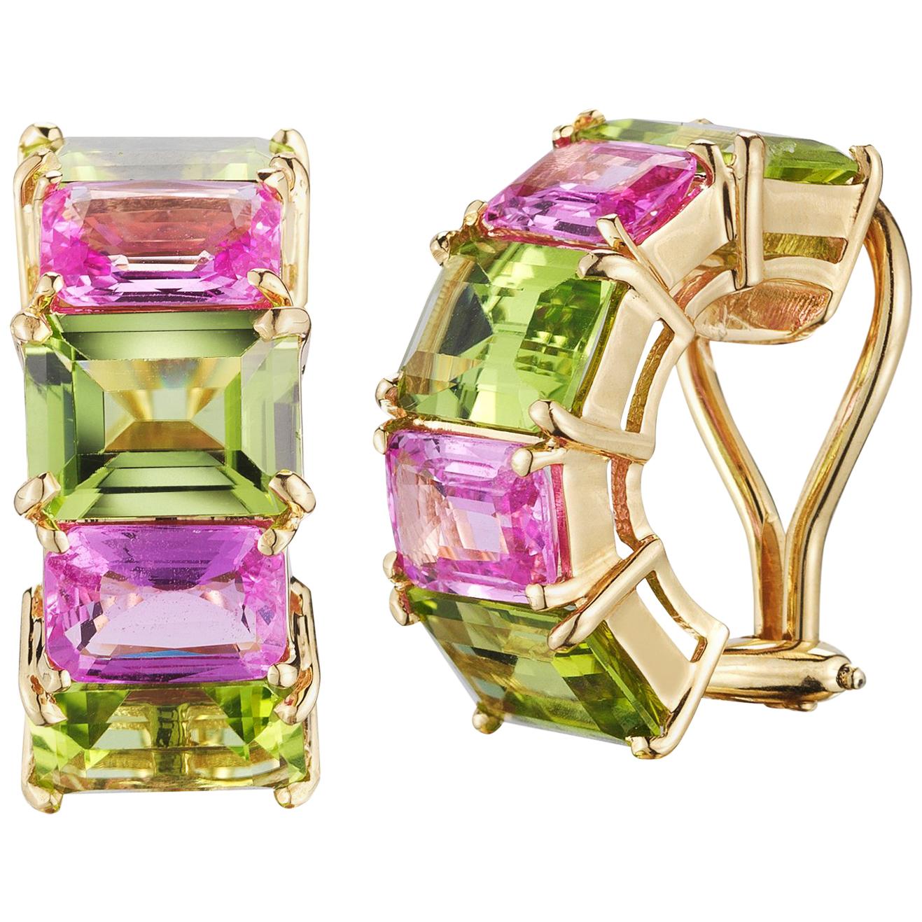 18 Karat Yellow Gold Florentine Earrings Set with Peridots and Pink Sapphires
