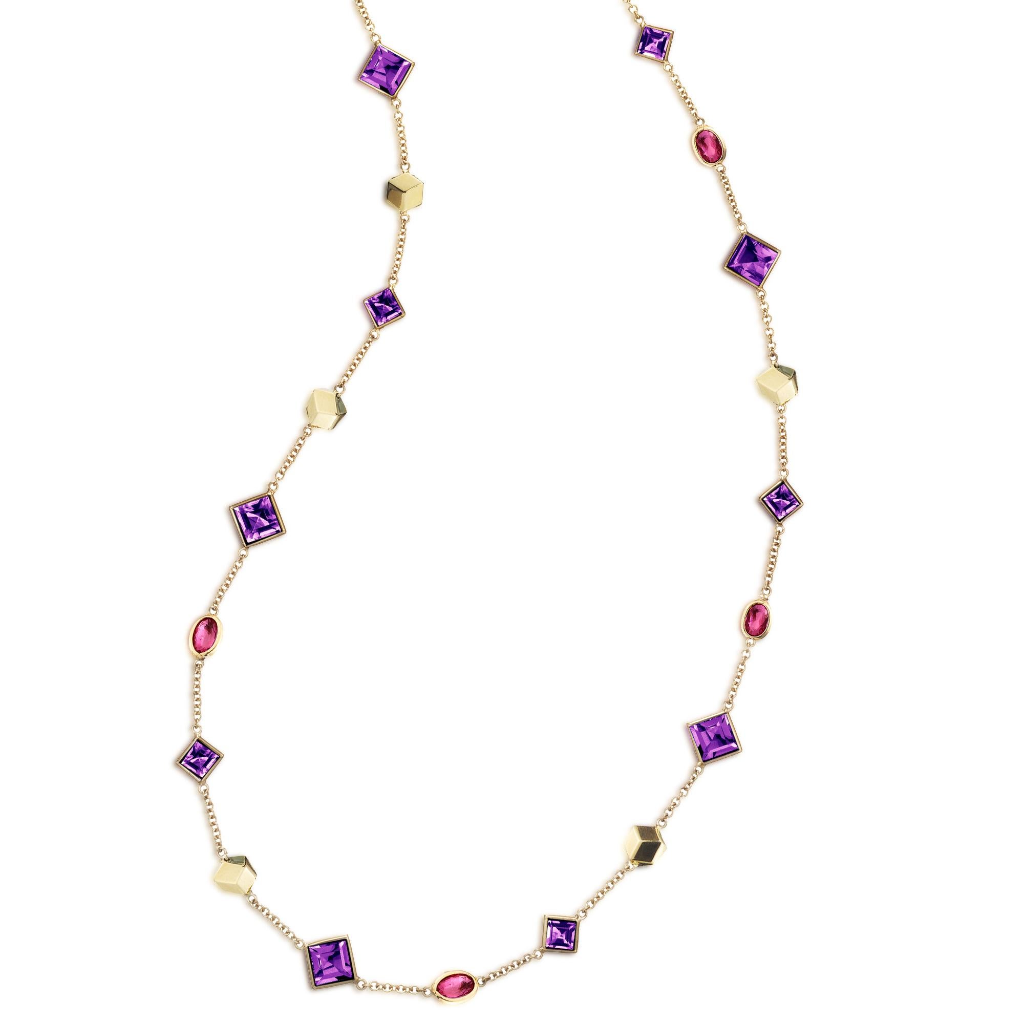 18kt yellow gold Florentine necklace with bezel set emerald-cut amethyst and oval rubies, and signature Brillante® motif.

Inspired by the Garden of the Iris, the Florentine collection pairs bold color combinations of geometric gemstones to