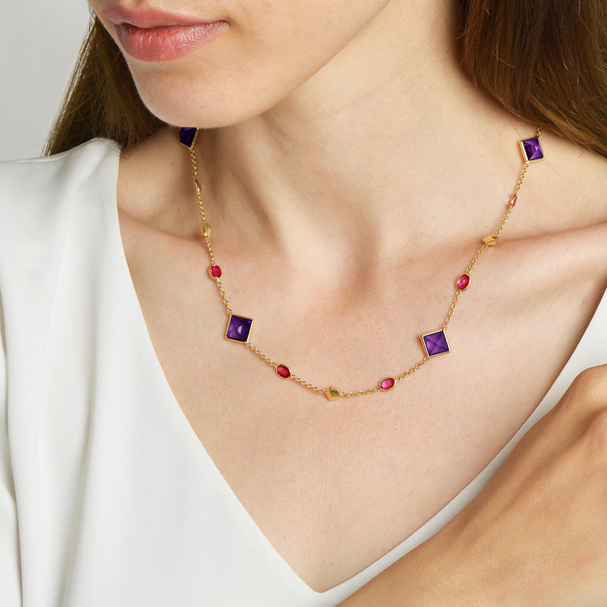 Contemporary 18 Karat Yellow Gold Florentine Necklace with Amethyst and Rubies