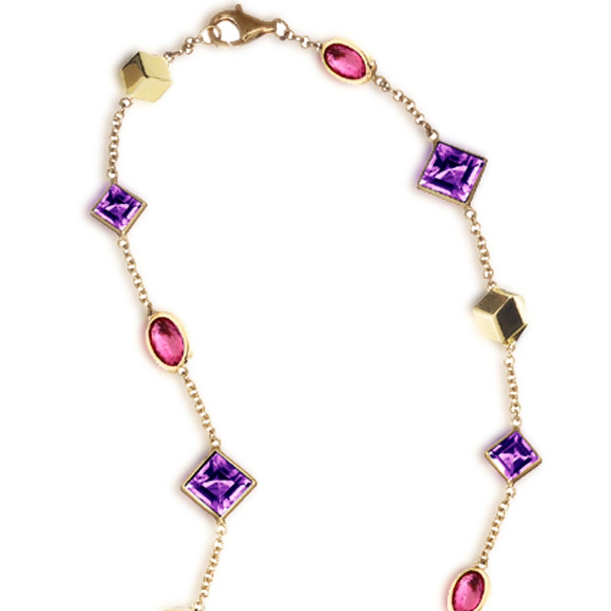 Emerald Cut 18 Karat Yellow Gold Florentine Necklace with Amethyst and Rubies