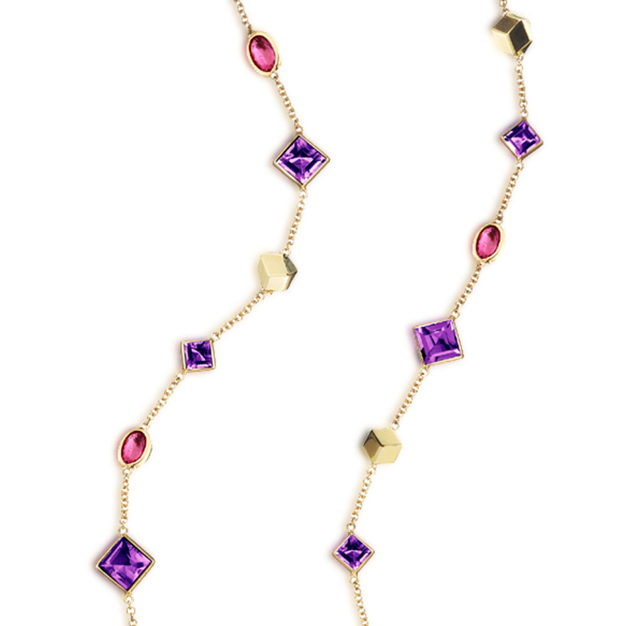18 Karat Yellow Gold Florentine Necklace with Amethyst and Rubies In New Condition In Miami beach, FL