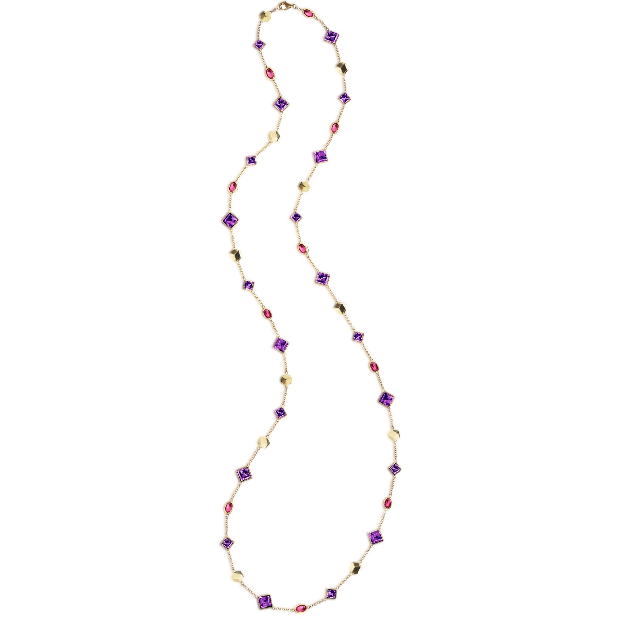 18 Karat Yellow Gold Florentine Necklace with Amethyst and Rubies