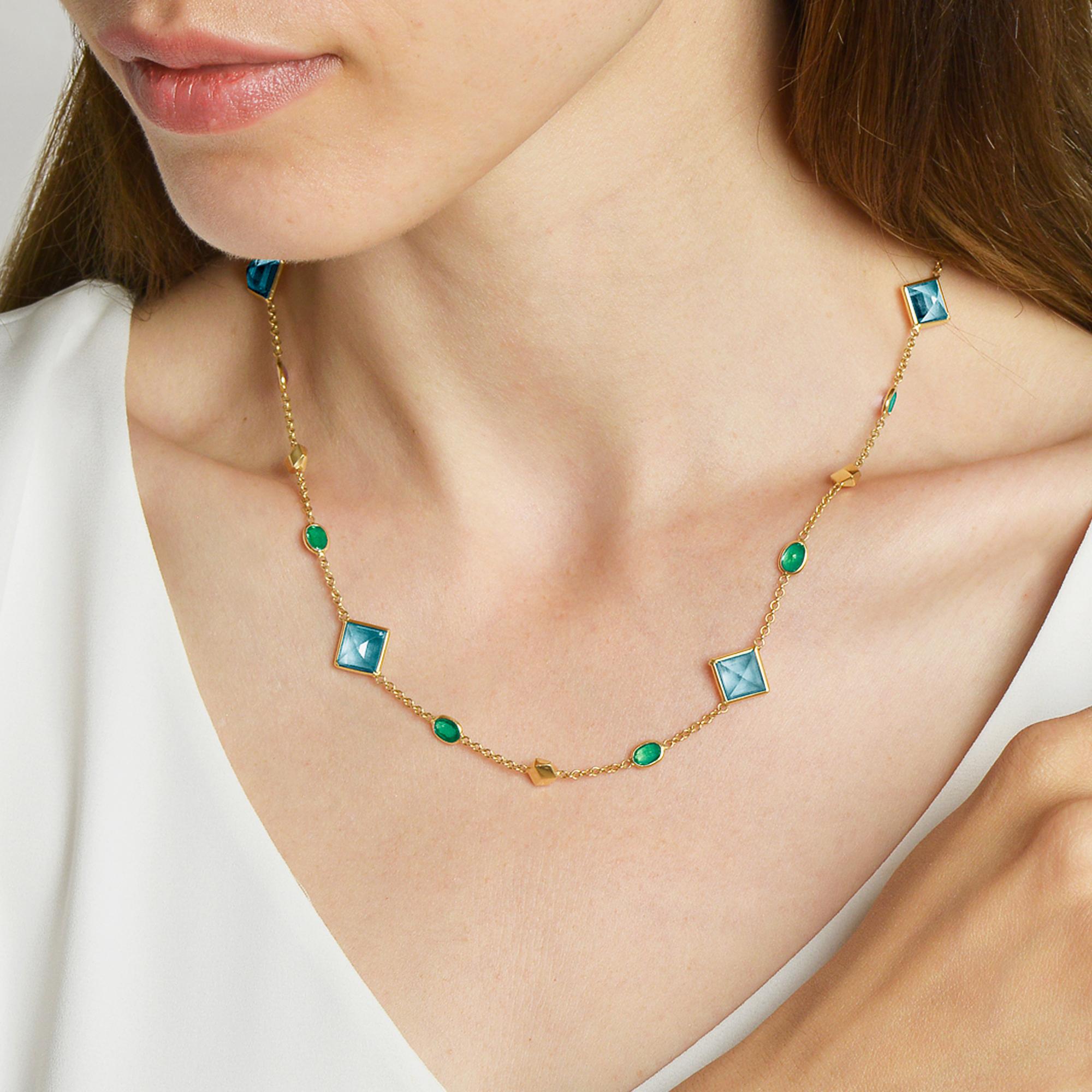 Paolo Costagli 18kt  Yellow Gold Necklace with Blue Topaz and Tsavorite Garnets (Smaragdschliff) im Angebot