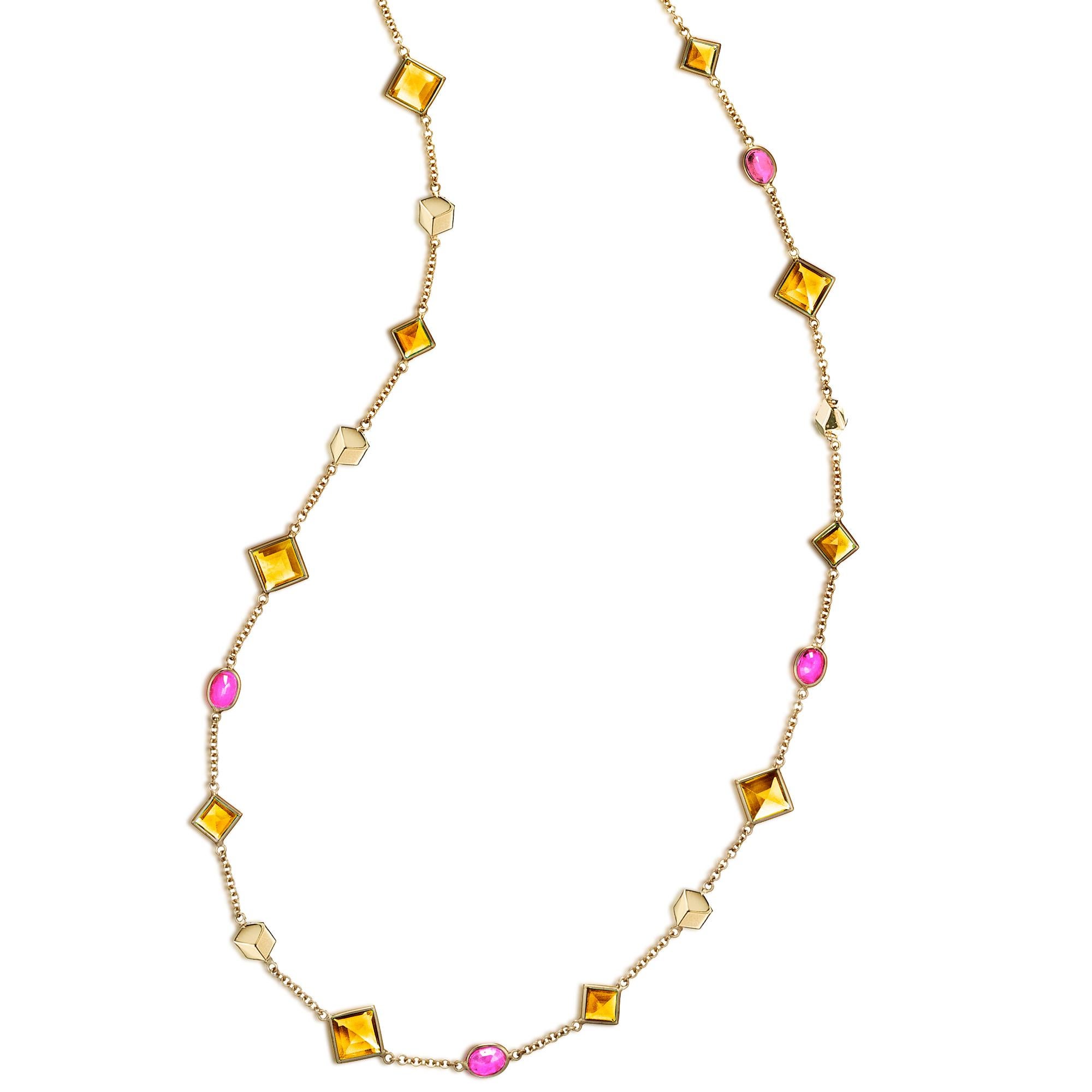 18kt yellow gold Florentine sautoir necklace with bezel set emerald-cut citrine and oval pink sapphires, and signature Brillante® motif.

Inspired by the Garden of the Iris, the Florentine collection pairs bold color combinations of geometric