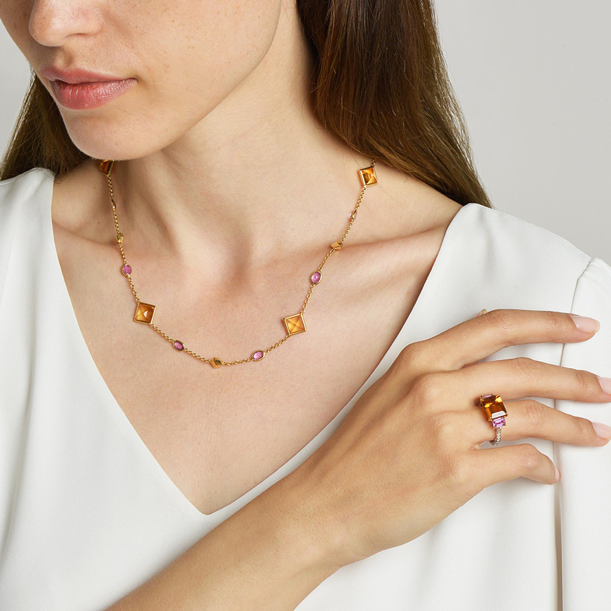 Paolo Costagli 18 Karat Yellow Gold Necklace with Citrine and Pink Sapphires (Zeitgenössisch) im Angebot