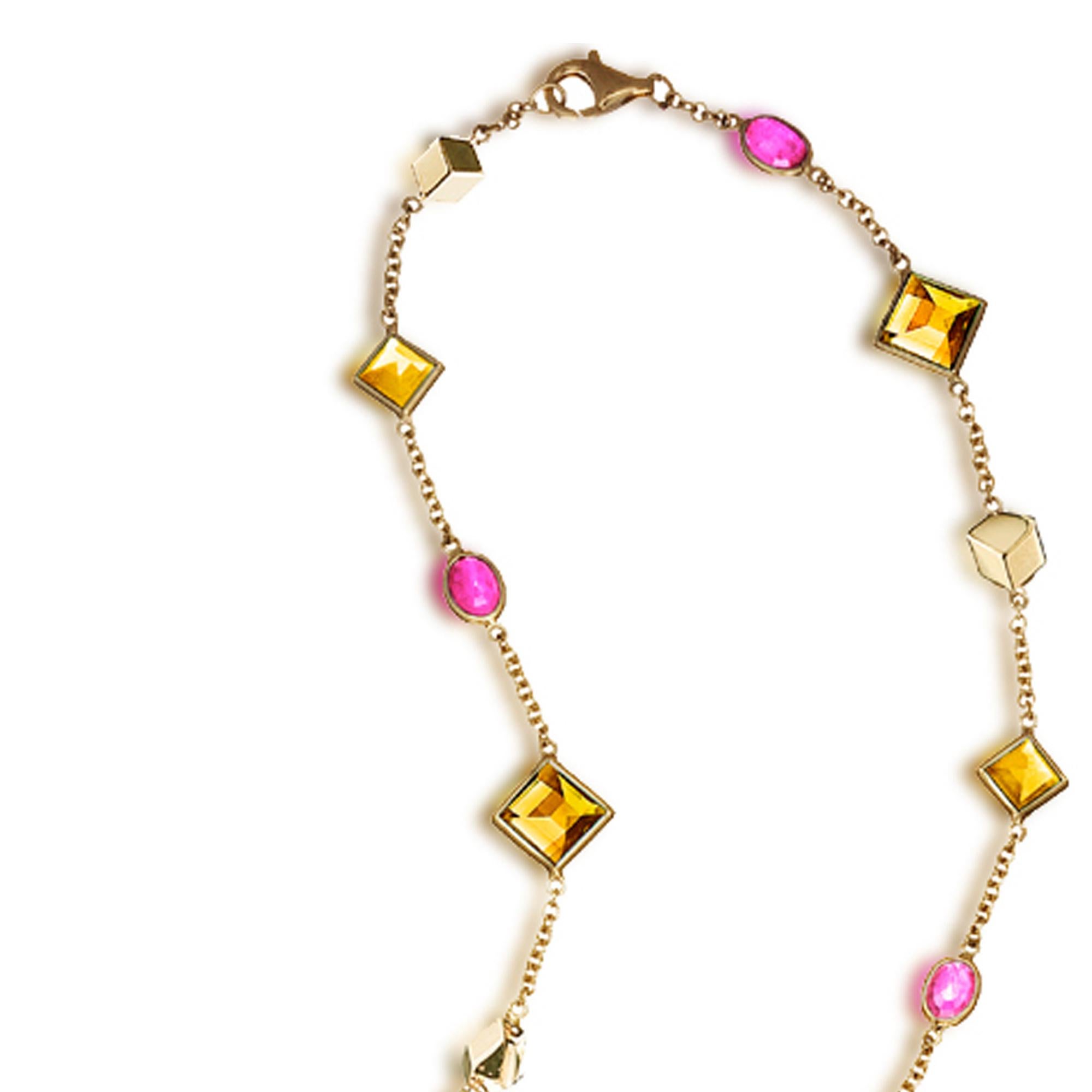 Paolo Costagli 18 Karat Yellow Gold Necklace with Citrine and Pink Sapphires (Smaragdschliff) im Angebot
